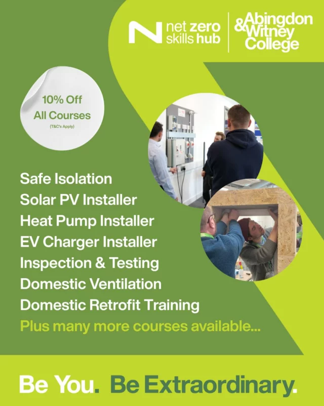 Discover the Net Zero Skills Hub at @abwitcollege at #ElexShow Coventry 👀
They offer accredited and hands-on training in Electrical, Plumbing, Sustainability and Retrofit. Courses include Solar PV Installation, Heat Pumps Installation, EV Charger Installation, and Retrofit Skills. They support the up-skilling of the construction industry through practical and industry-relevant education.

✨ SHOW DEALS ✨Abingdon and Witney College will be offering 10% of all Net Zero Skills Hub courses to anyone who enrols at the show!

Make sure to grab your FREE ticket via the link in our bio! 📲