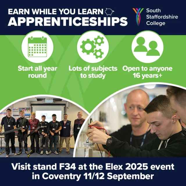 Are you looking for a practical route into the industry you love and gain nationally recognised qualifications along with real-world work experience? ✨ With an apprenticeship at South Staffordshire College they can help get you there! Talk to the team at #ElexShow in Coventry to find out what they can offer you! @south_Staffordshire_college 

🎟 Make sure to register for your FREE ticket now via the link in our bio!